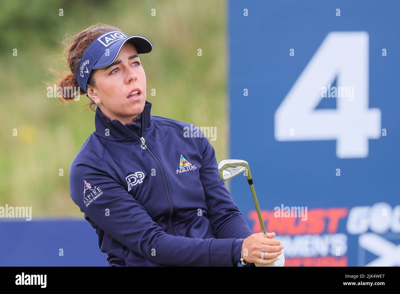 Irvine, UK. 30th July, 2022. The third round of the Trust Golf Women's Scottish Golf took place with 75 players making the cut. Heavy overnight rain from Friday into Saturday made for a softer and more testing course. Georgia Hall at the 4th. Credit: Findlay/Alamy Live News Stock Photo