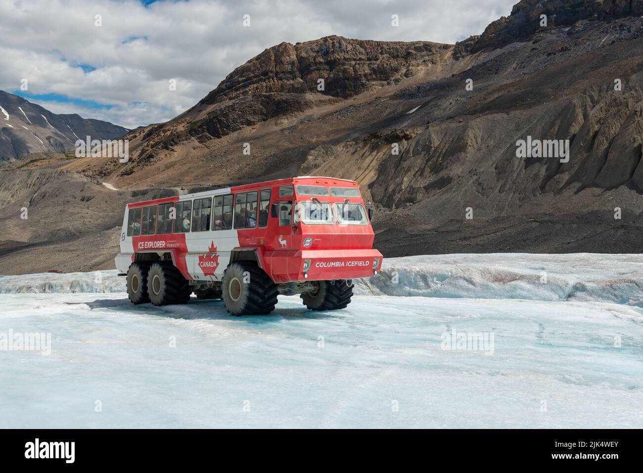 Ice explorer vehicle on Athabasca glacier from icefield parkway, Jasper national park, Alberta, Canada. Stock Photo