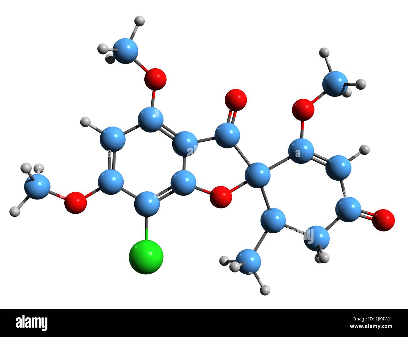3D image of Griseofulvin skeletal formula - molecular chemical structure of  antifungal medication isolated on white background Stock Photo