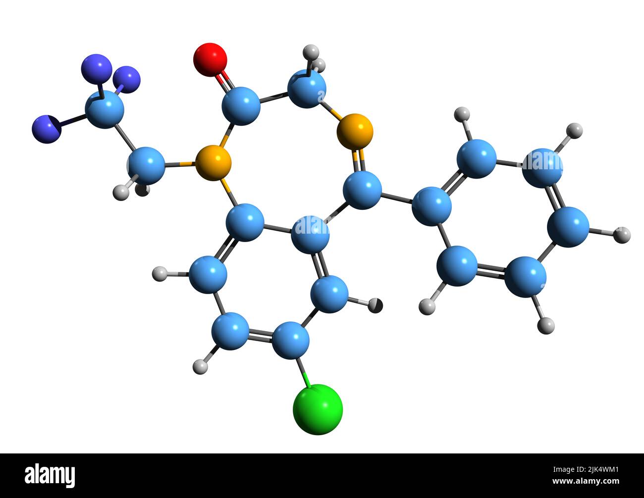 3D image of Halazepam skeletal formula - molecular chemical structure of  benzodiazepine derivative isolated on white background Stock Photo