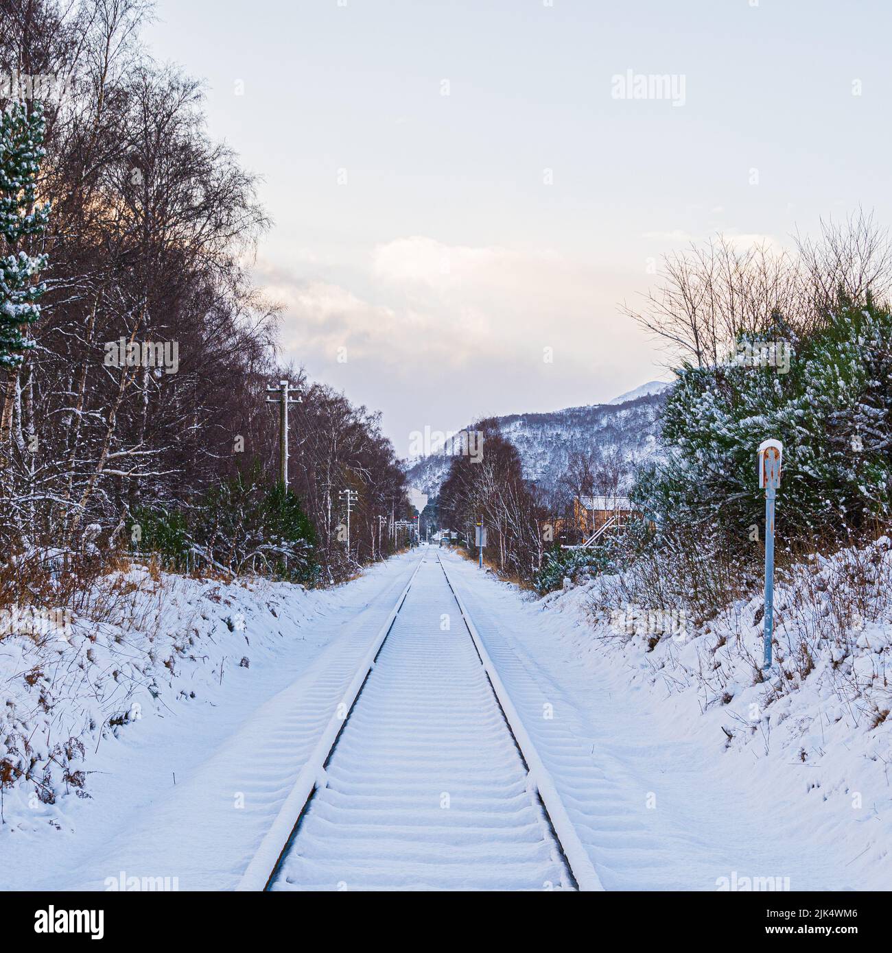 The train tracks by Dalfaber, Aviemore, with the snow now gone, a fresh layer covering them