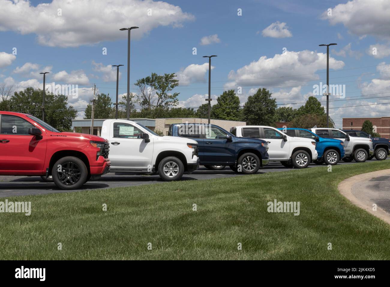 Indianapolis - Circa July 2022: Chevrolet Silverado 1500 display. Chevy offers the Silverado in WT, Trail Boss, LT, RST, and Custom models. Stock Photo