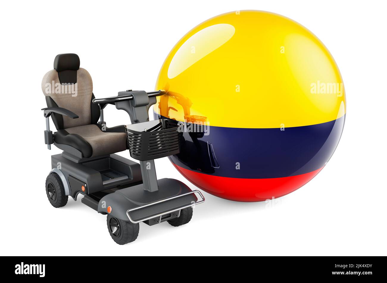 Colombian Flag With Indoor Powerchair Or Electric Wheelchair 3D Rendering Isolated On White 