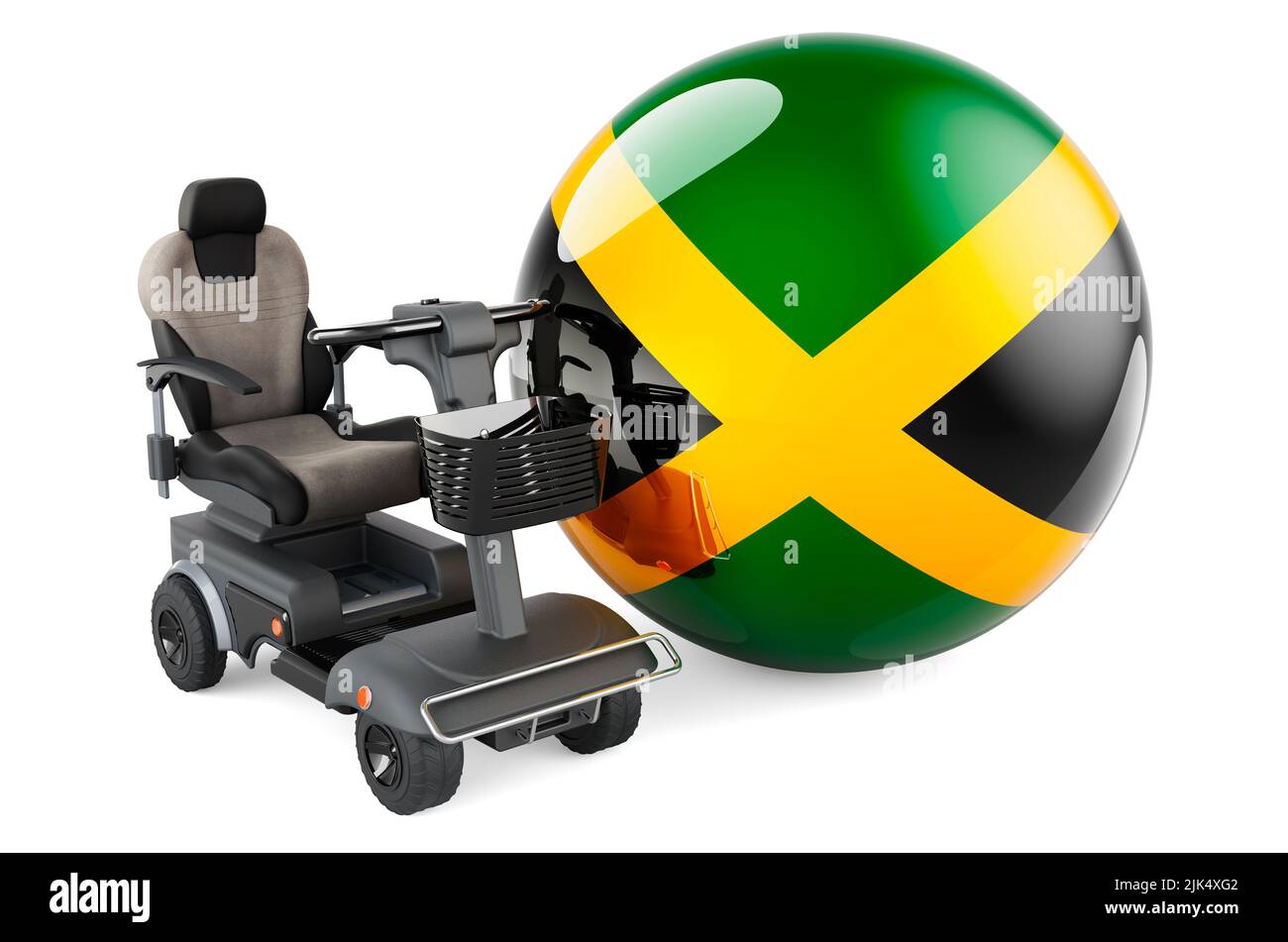 Jamaican Flag With Indoor Powerchair Or Electric Wheelchair 3D Rendering Isolated On White 