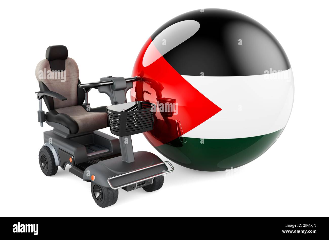 Palestinian Flag With Indoor Powerchair Or Electric Wheelchair 3D Rendering Isolated On White 