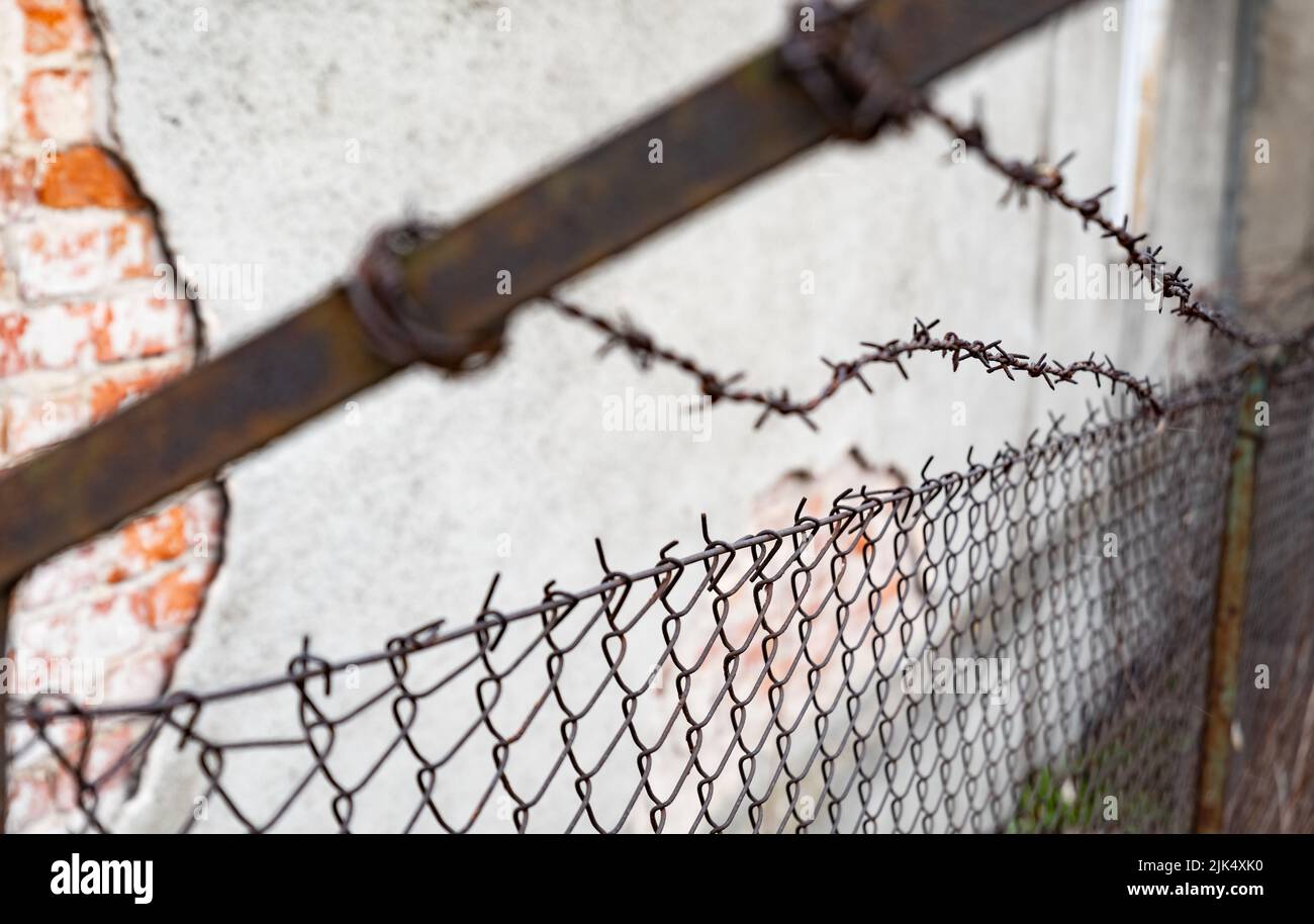 Old barbed wire fence. Rusty barbed wire on a brick wall background ...