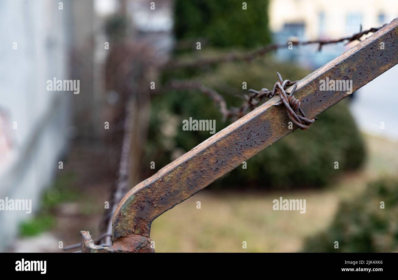 Old barbed wire fence. Rusty barbed wire on a brick wall background ...