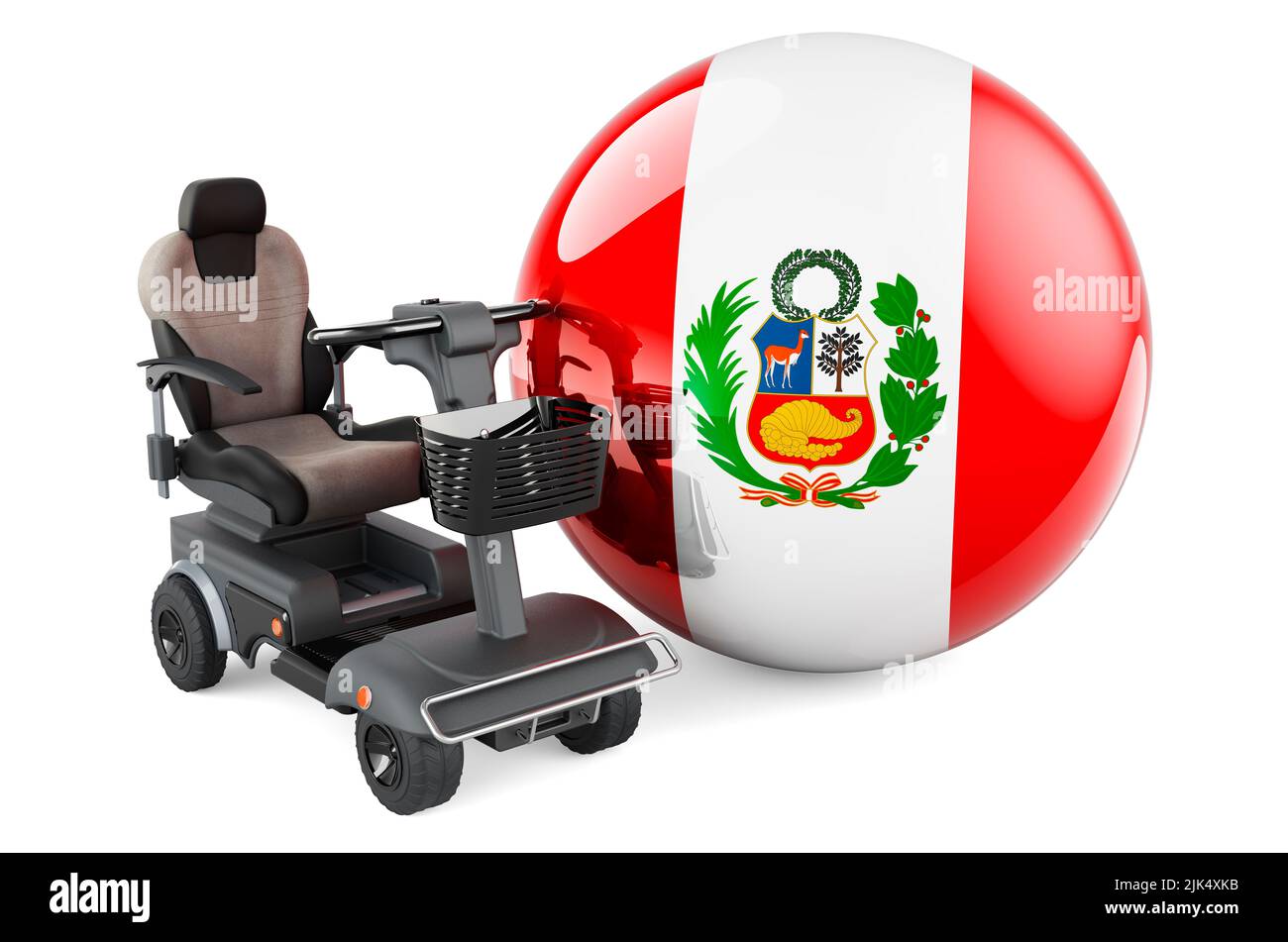Peruvian Flag With Indoor Powerchair Or Electric Wheelchair 3D Rendering Isolated On White 