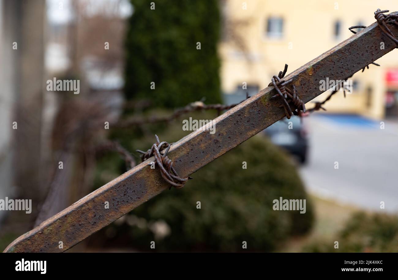 Old barbed wire fence. Rusty barbed wire on a brick wall background ...