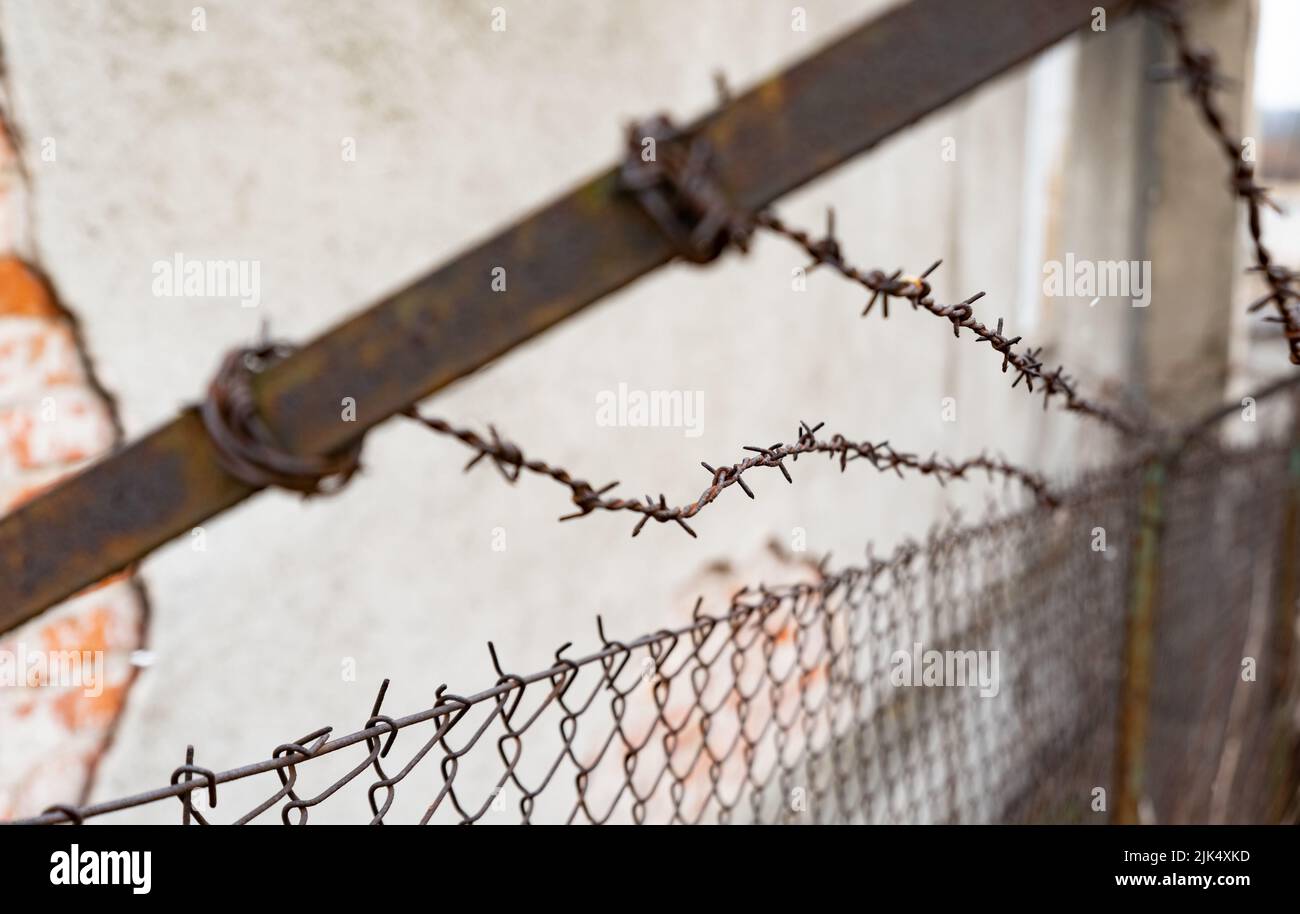 Old barbed wire fence. Rusty barbed wire on a brick wall background ...
