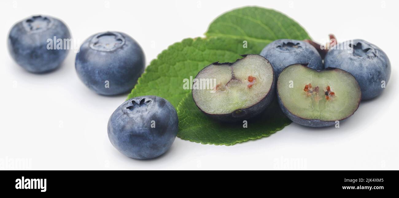 Fresh blueberries with green leaves over white background Stock Photo