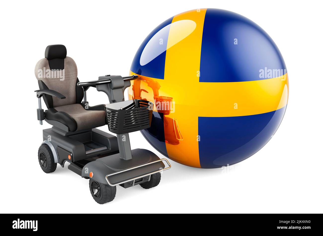 Swedish flag with indoor powerchair or electric wheelchair, 3D rendering isolated on white background Stock Photo