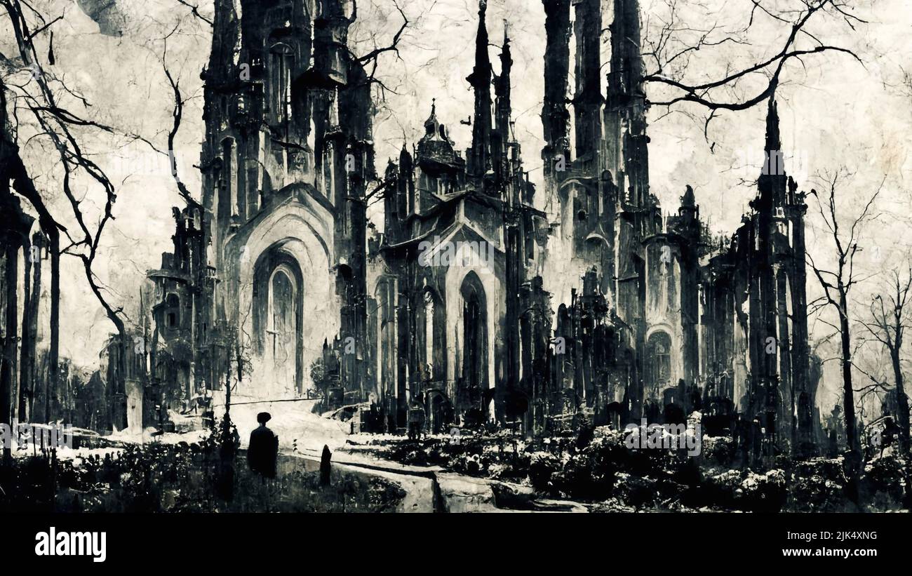 Abstract Gothic Art sketch illustration dark mood and ambience with a gritty and strong outline vampires darkness church cathedral Stock Photo