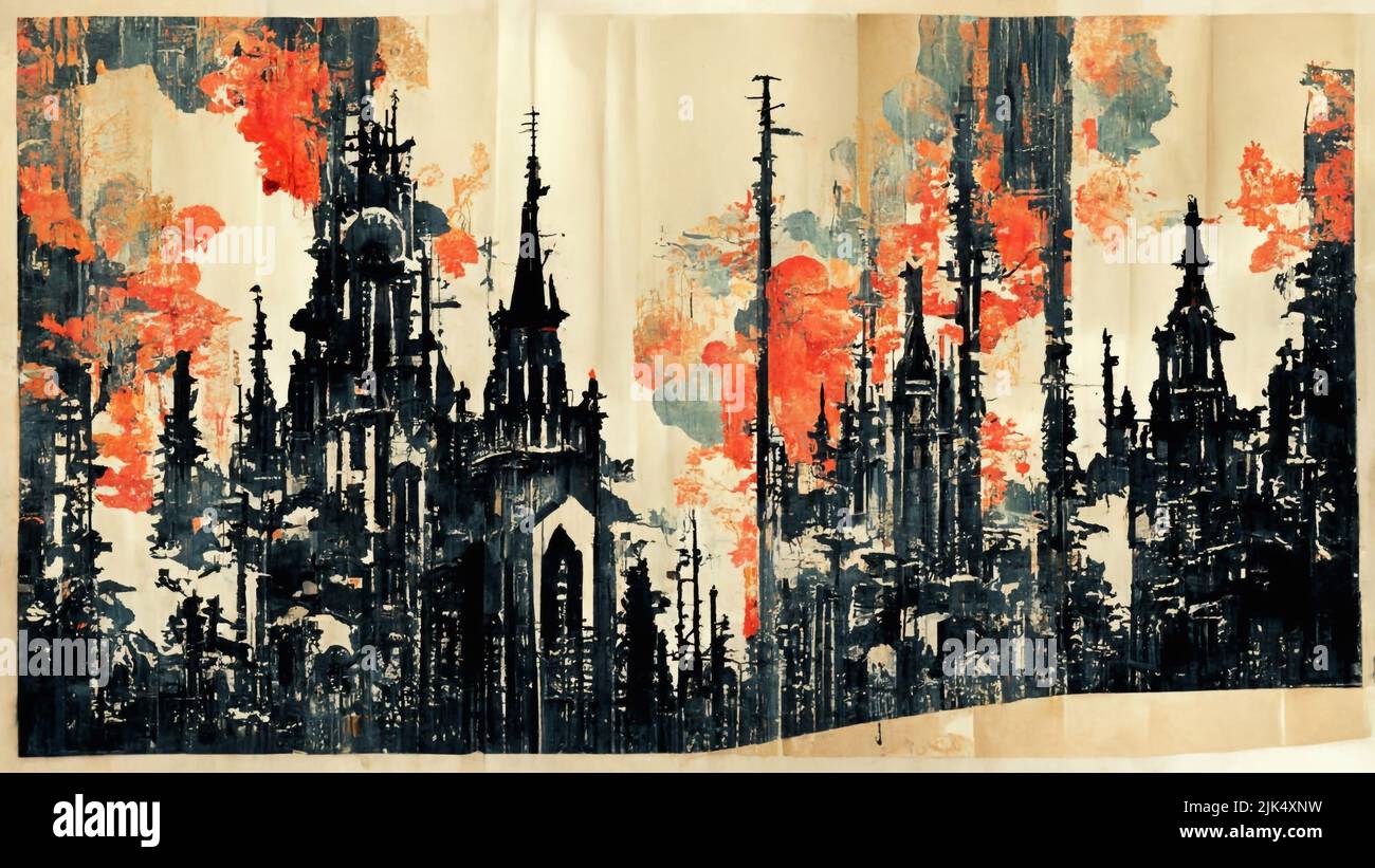 Abstract Gothic Art sketch illustration dark mood and ambience with a gritty and strong outline vampires darkness church cathedral Stock Photo