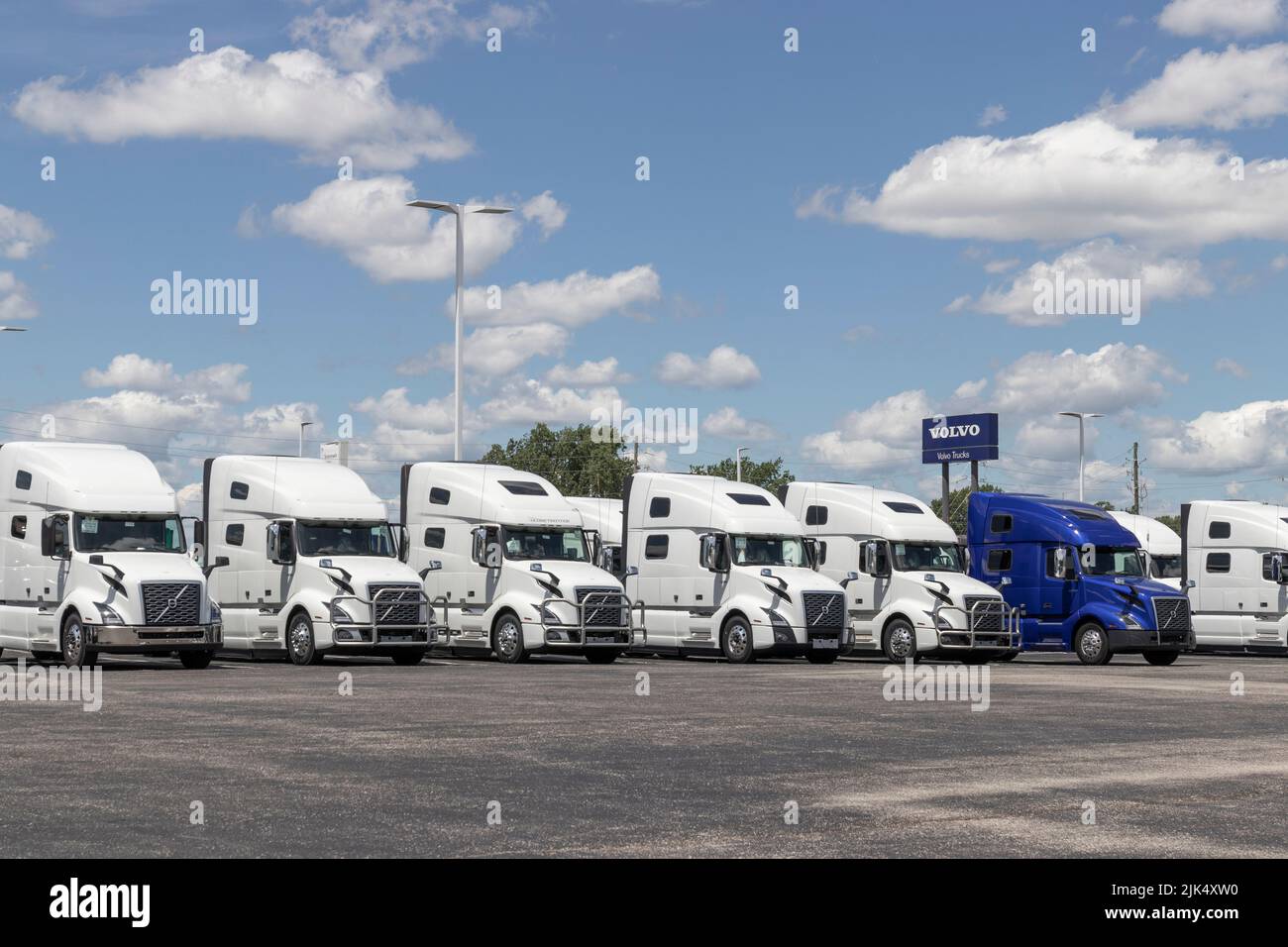 Indianapolis - Circa July 2022: Volvo Semi Tractor Trailer Big Rig Truck display at a dealership. Volvo Trucks is one of the largest truck manufacture Stock Photo