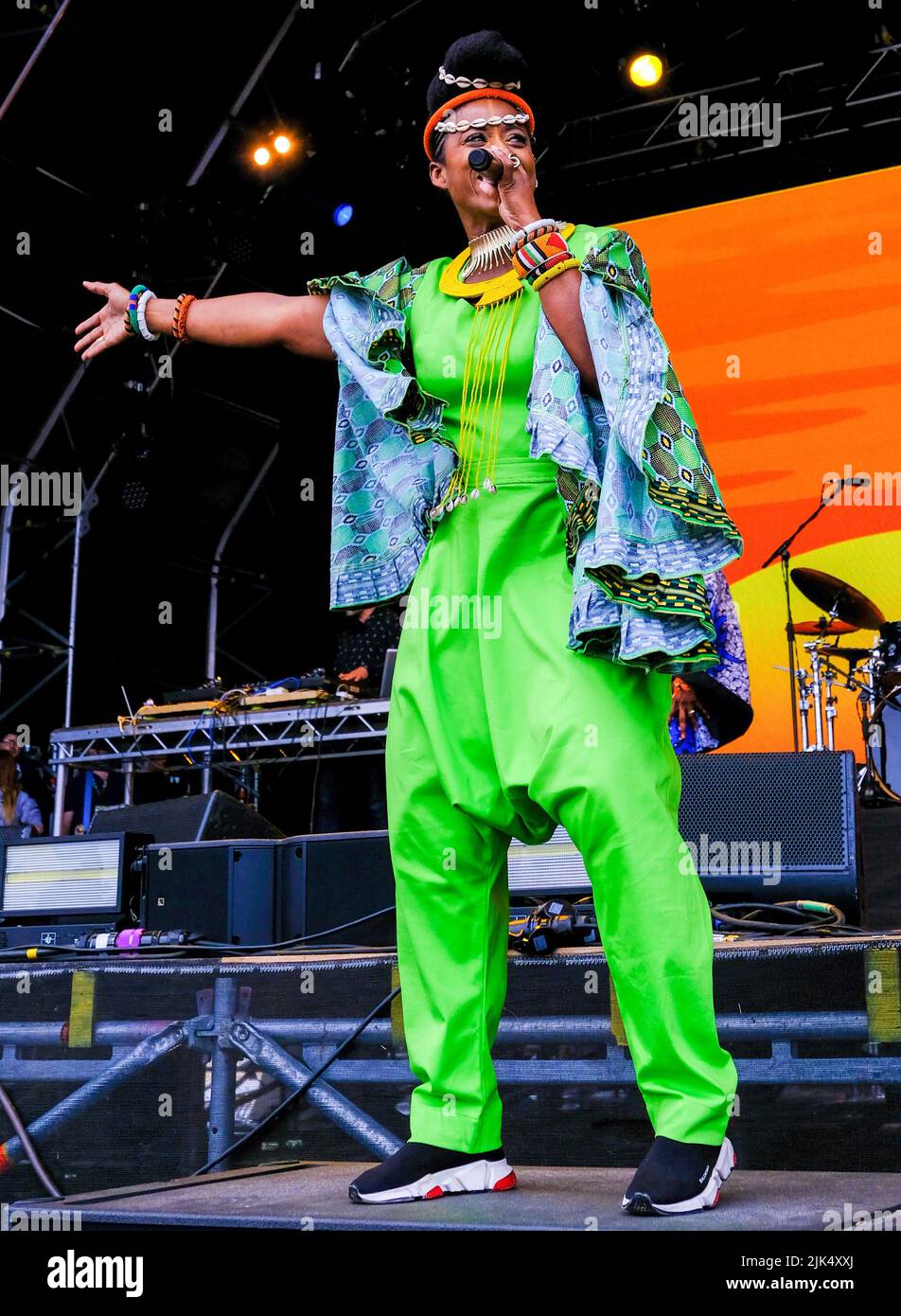 Malmesbury, Wiltshire, UK. 30th July, 2022. Malmesbury Wiltshire. Womad Festival. Les Amazones D Afrique from Mali, Benin & Guinea, performing on the Open Air Stage. Credit: charlie bryan/Alamy Live News Stock Photo