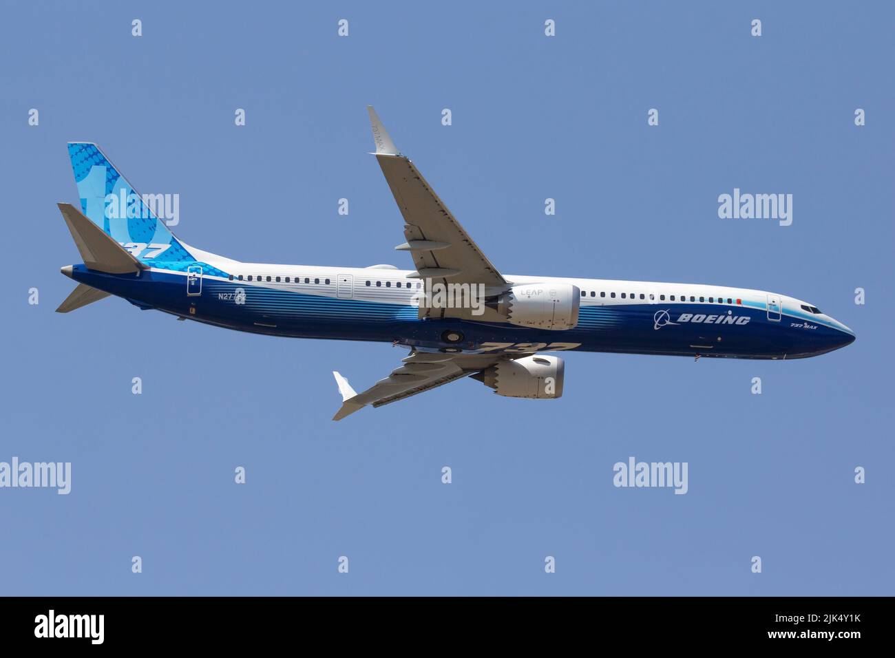 Boeing 737 MAX 10 on display at the 2022 Farnborough Air Show. It will need relief from certification reform legislation if not certified by 31/12 Stock Photo