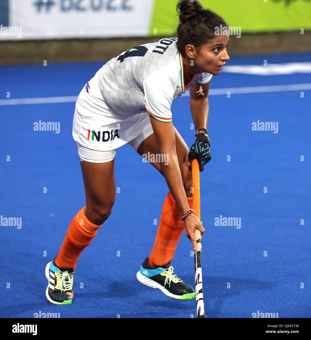 Birmingham, UK 30th July 2022 Indian hockey (W) players in action against Wales during the Pool A of womens field hockey match of the Commonwealth Games, at the University of Birmingham