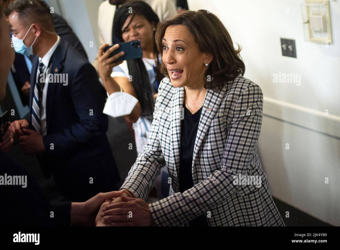U.S. Vice President Kamala Harris meets with Democratic National Committee staff and volunteers after speaking to commemorate 100 days from the midterms on Saturday, July 30, 2022 in Washington, DC. (Photo by Bonnie Cash/Pool/ABACAPRESS.COM) Stock Photo