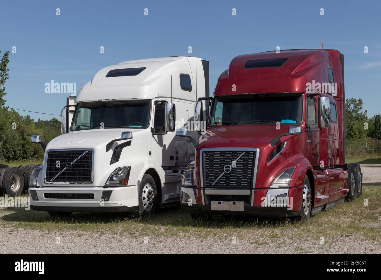 Indianapolis - Circa July 2022: Volvo Semi Tractor Trailer Big Rig Truck display at a dealership. Volvo Trucks is one of the largest truck manufacture Stock Photo