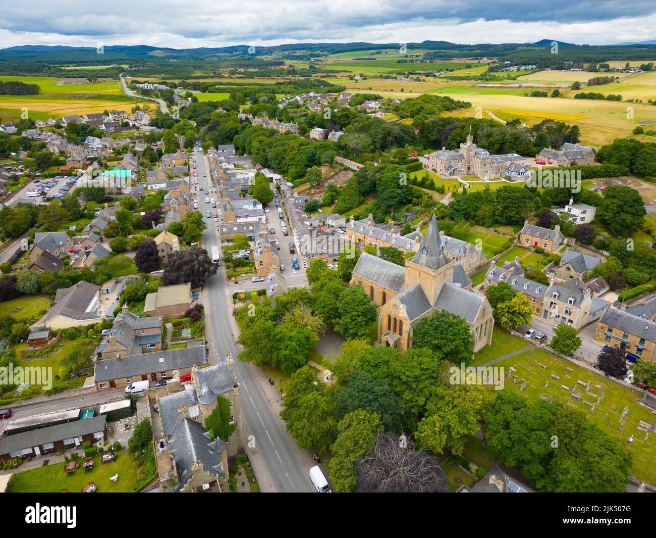 Aerial view of centre of Dornoch town and Dornoch Cathedral in