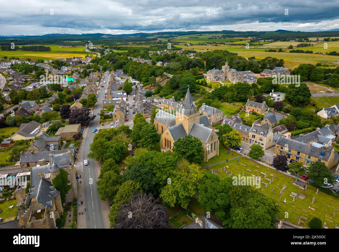 Aerial view of centre of Dornoch town and Dornoch Cathedral in ...