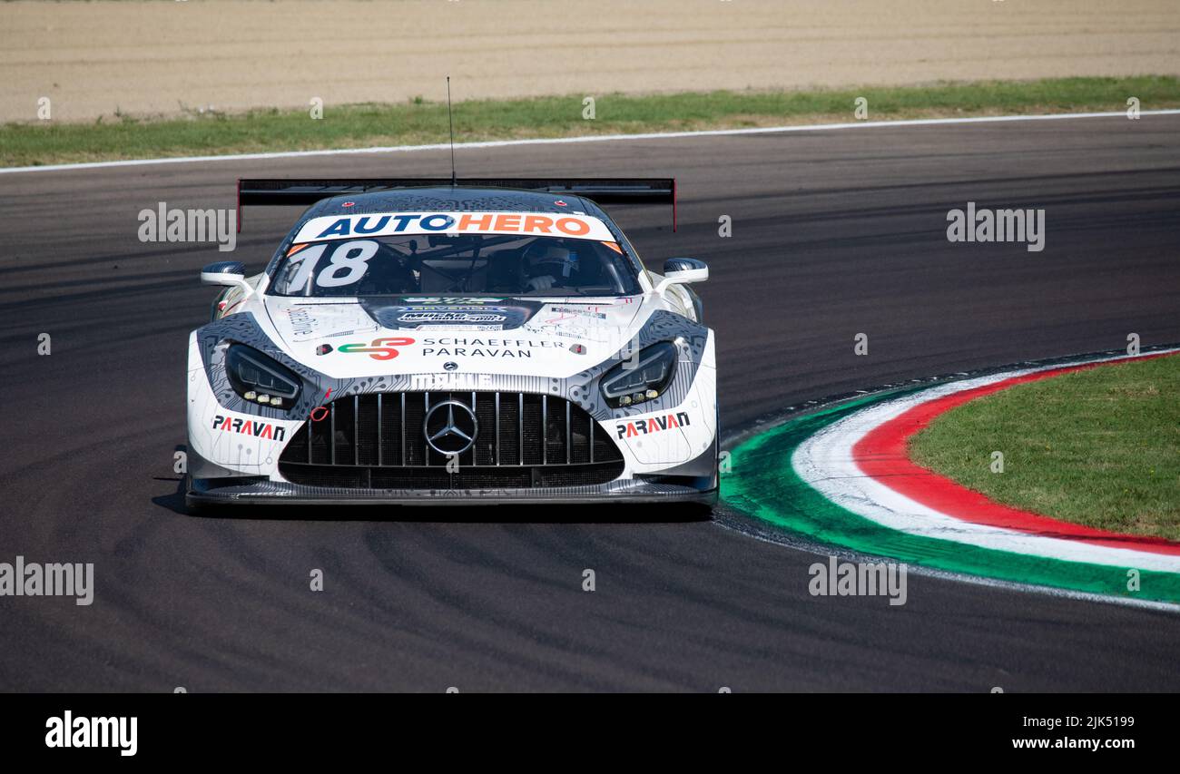 Mercedes AMG GT3 racing super car action fast drive on asphalt race track. Imola, Italy, june 18 2022. DTM Stock Photo