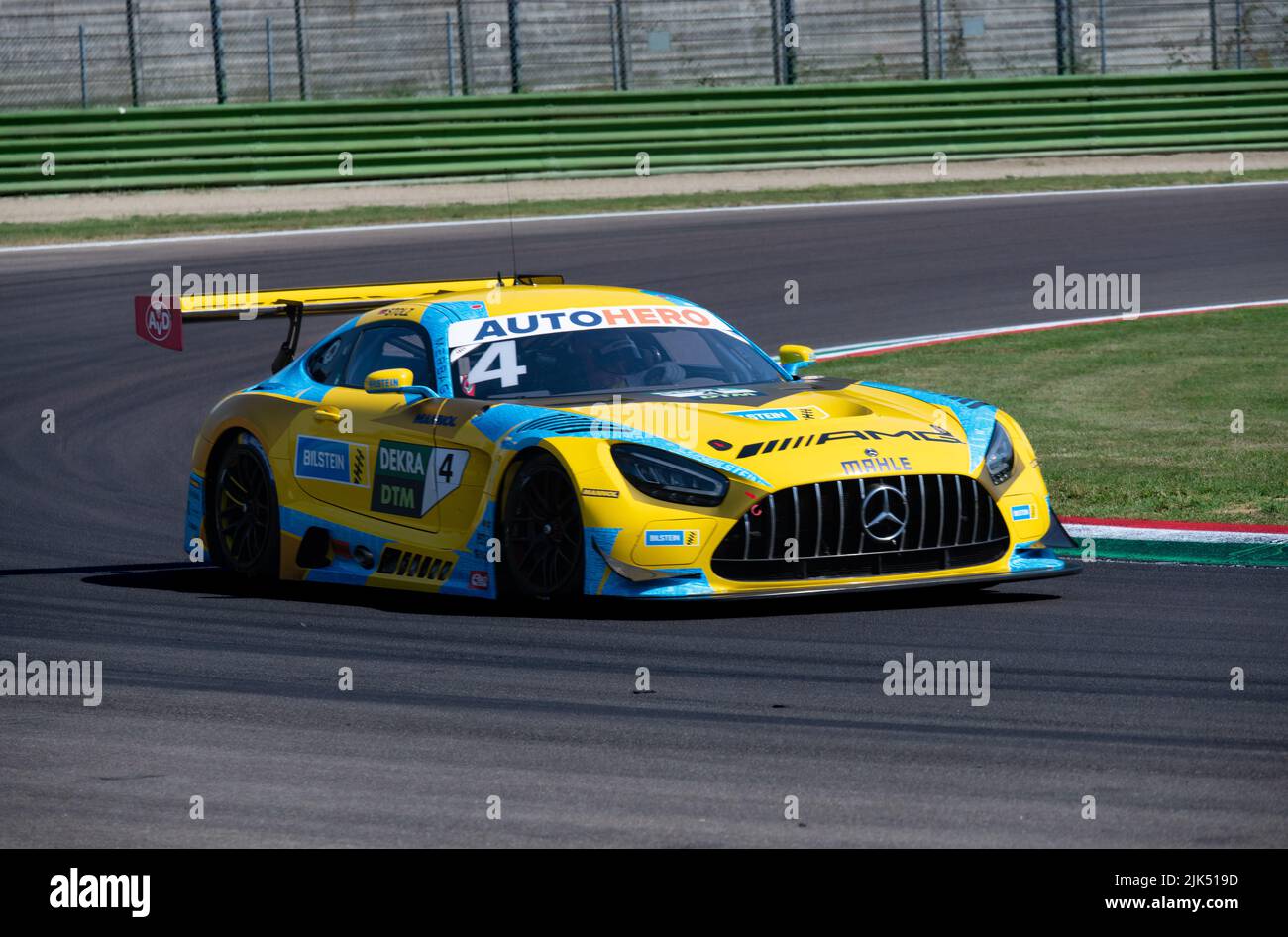 Mercedes AMG GT3 racing super car action fast drive on asphalt race track. Imola, Italy, june 18 2022. DTM Stock Photo