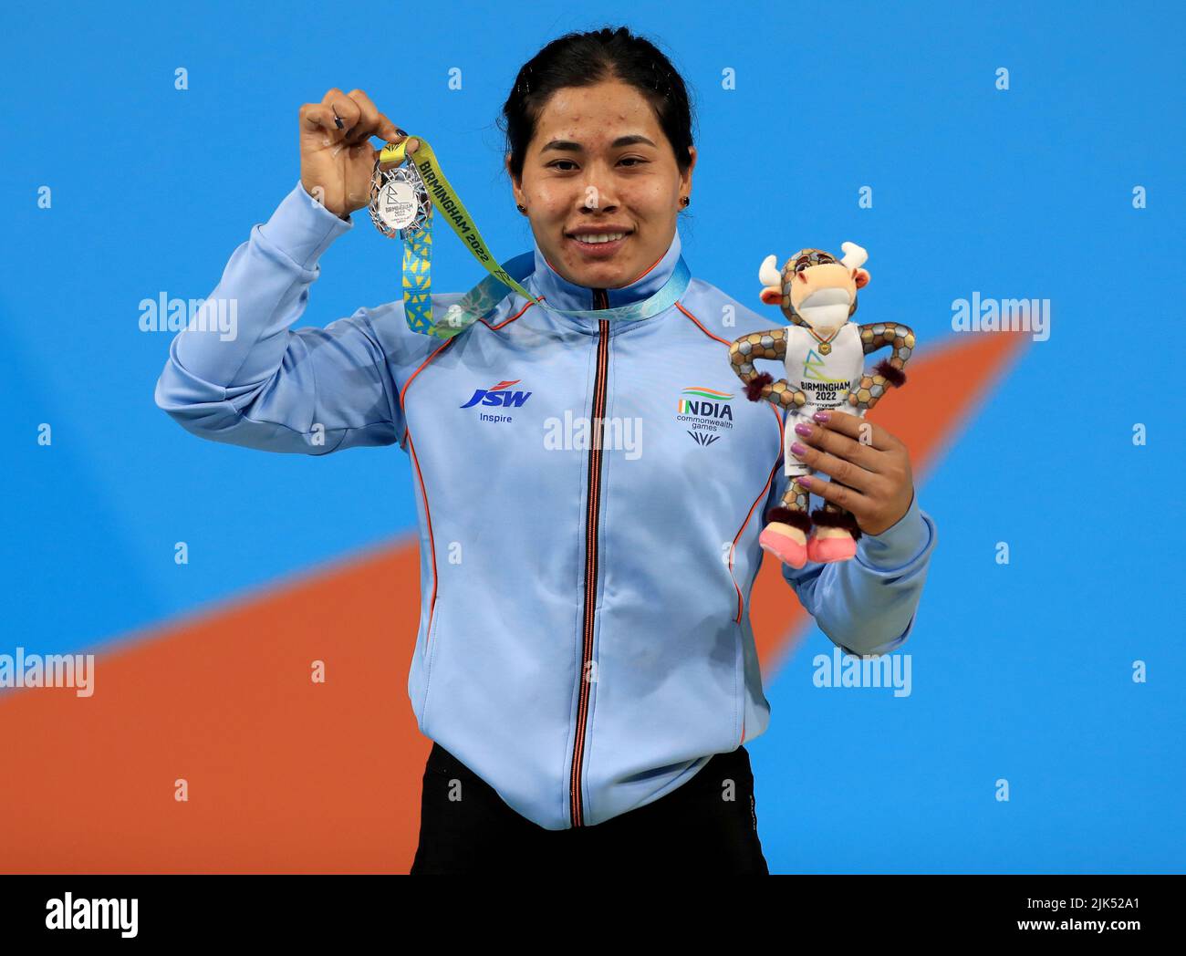 Silver Medalist India’s Bindyarani Devi Sorokhaibam on the podium after the Women’s 55kg Weightlifting Competition at The NEC on day two of the 2022 Commonwealth Games in Birmingham. Picture date: Saturday July 30, 2022. Stock Photo