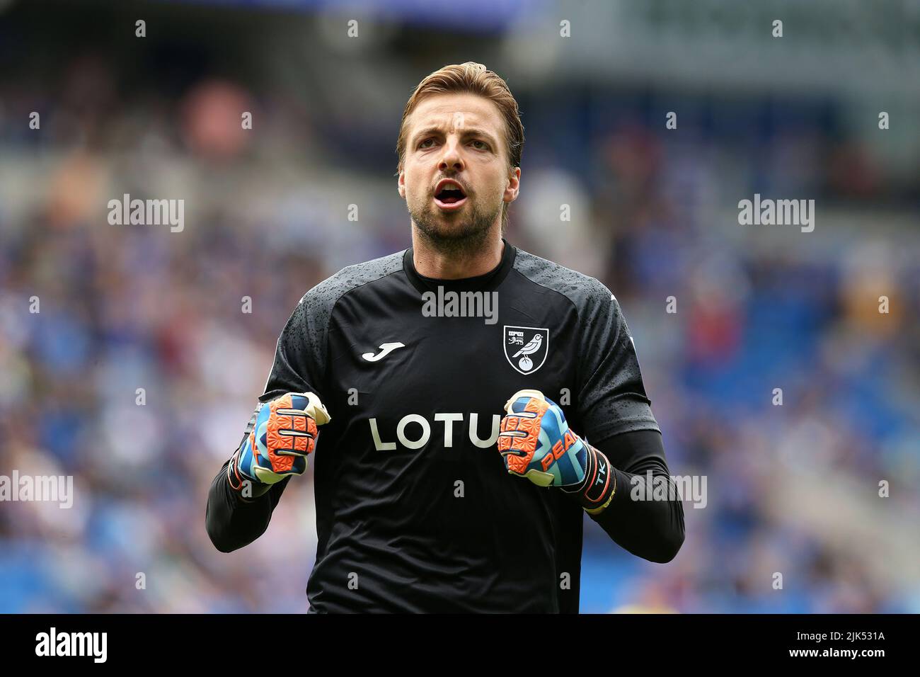 Cardiff, UK. 30th July, 2022. Tim Krul, the goalkeeper of Norwich City reacts. EFL Skybet championship match, Cardiff city v Norwich City at the Cardiff City Stadium in Cardiff, Wales on Saturday 30th July 2022. this image may only be used for Editorial purposes. Editorial use only, license required for commercial use. No use in betting, games or a single club/league/player publications. pic by Andrew Orchard/Andrew Orchard sports photography/Alamy Live news Credit: Andrew Orchard sports photography/Alamy Live News Stock Photo