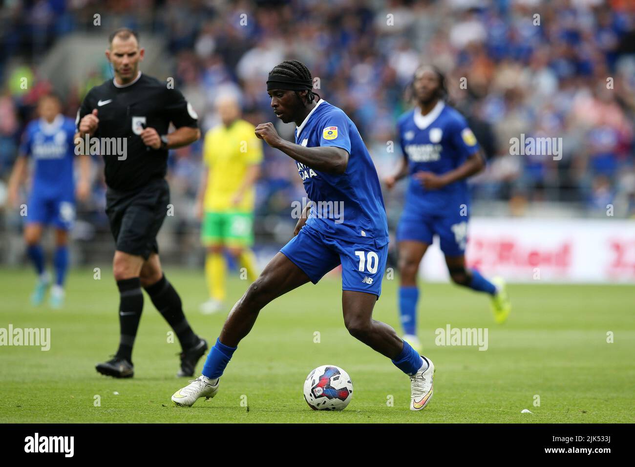 Cardiff, UK. 30th July, 2022. Sheyi Ojo of Cardiff City in action. EFL Skybet championship match, Cardiff city v Norwich City at the Cardiff City Stadium in Cardiff, Wales on Saturday 30th July 2022. this image may only be used for Editorial purposes. Editorial use only, license required for commercial use. No use in betting, games or a single club/league/player publications. pic by Andrew Orchard/Andrew Orchard sports photography/Alamy Live news Credit: Andrew Orchard sports photography/Alamy Live News Stock Photo