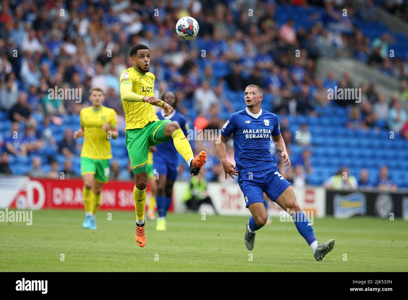 Cardiff, UK. 30th July, 2022. Andrew Omobamidele of Norwich City (l) & Max Watters of Cardiff City (r) in action. EFL Skybet championship match, Cardiff city v Norwich City at the Cardiff City Stadium in Cardiff, Wales on Saturday 30th July 2022. this image may only be used for Editorial purposes. Editorial use only, license required for commercial use. No use in betting, games or a single club/league/player publications. pic by Andrew Orchard/Andrew Orchard sports photography/Alamy Live news Credit: Andrew Orchard sports photography/Alamy Live News Stock Photo