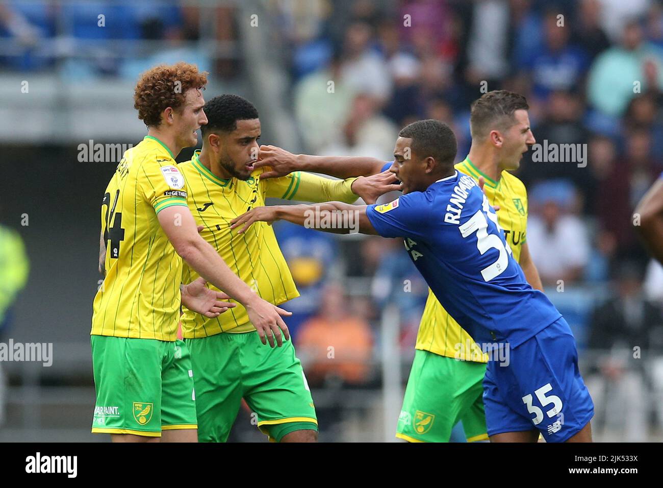 Cardiff, UK. 30th July, 2022. Players of Cardiff city and Norwich city scapulas during a bad tempered 2nd half. EFL Skybet championship match, Cardiff city v Norwich City at the Cardiff City Stadium in Cardiff, Wales on Saturday 30th July 2022. this image may only be used for Editorial purposes. Editorial use only, license required for commercial use. No use in betting, games or a single club/league/player publications. pic by Andrew Orchard/Andrew Orchard sports photography/Alamy Live news Credit: Andrew Orchard sports photography/Alamy Live News Stock Photo