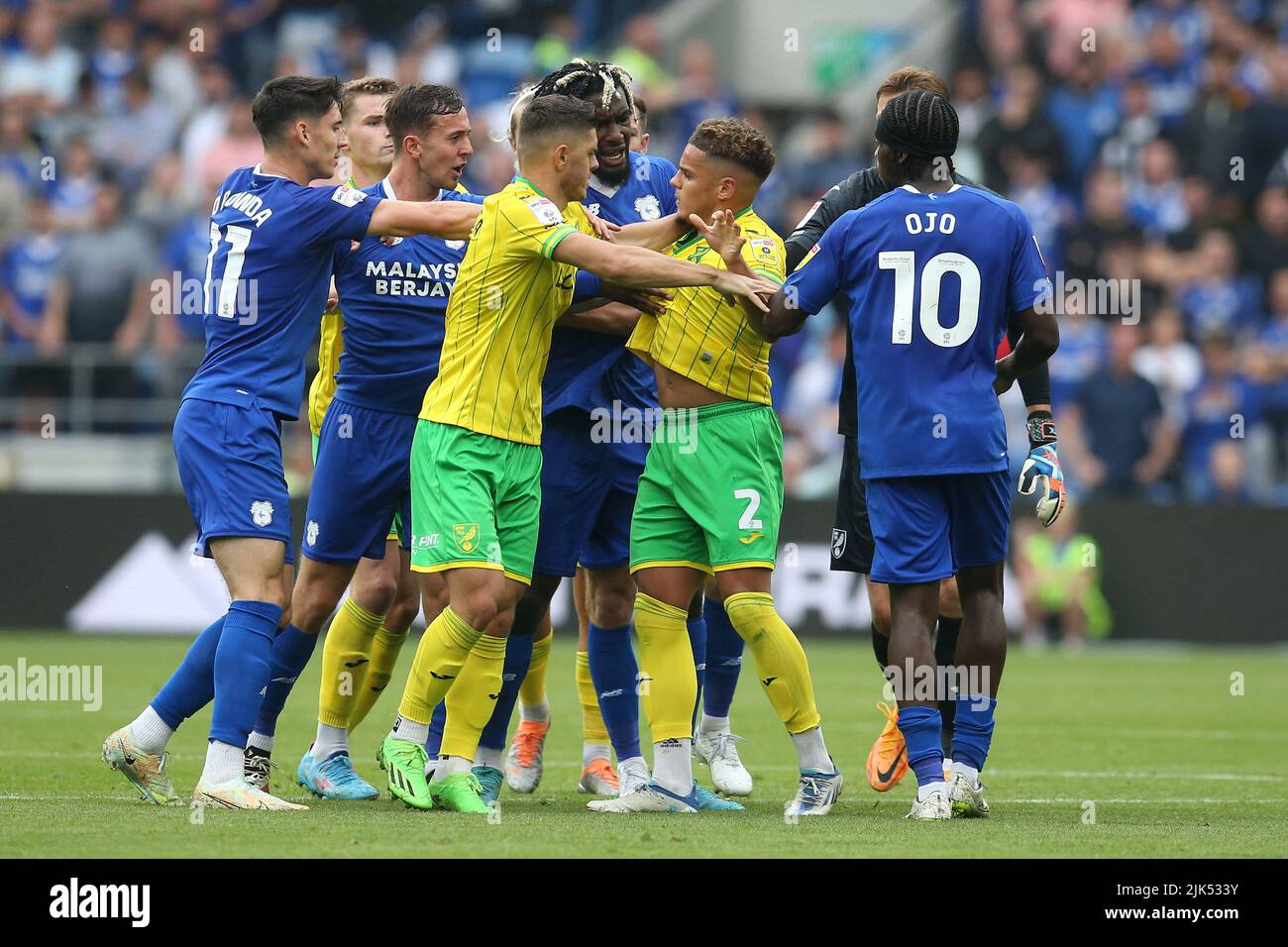 Cardiff, UK. 30th July, 2022. Players of Cardiff city and Norwich city scapulas during a bad tempered 2nd half. EFL Skybet championship match, Cardiff city v Norwich City at the Cardiff City Stadium in Cardiff, Wales on Saturday 30th July 2022. this image may only be used for Editorial purposes. Editorial use only, license required for commercial use. No use in betting, games or a single club/league/player publications. pic by Andrew Orchard/Andrew Orchard sports photography/Alamy Live news Credit: Andrew Orchard sports photography/Alamy Live News Stock Photo