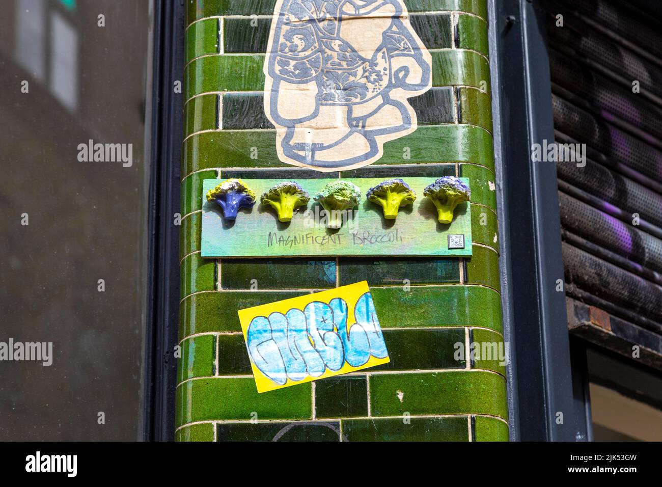 Broccoli street art on Brick Lane by artist Adrian Boswell, London, UK