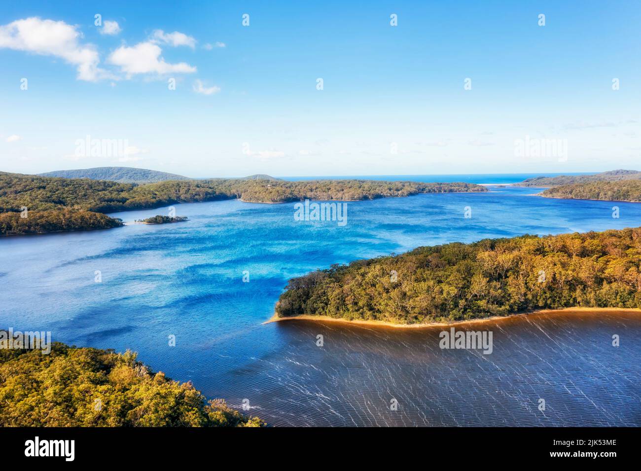 Scenic landscape of Myalls Lake National park in Australia on Pacific ocean coast - aerial view. Stock Photo
