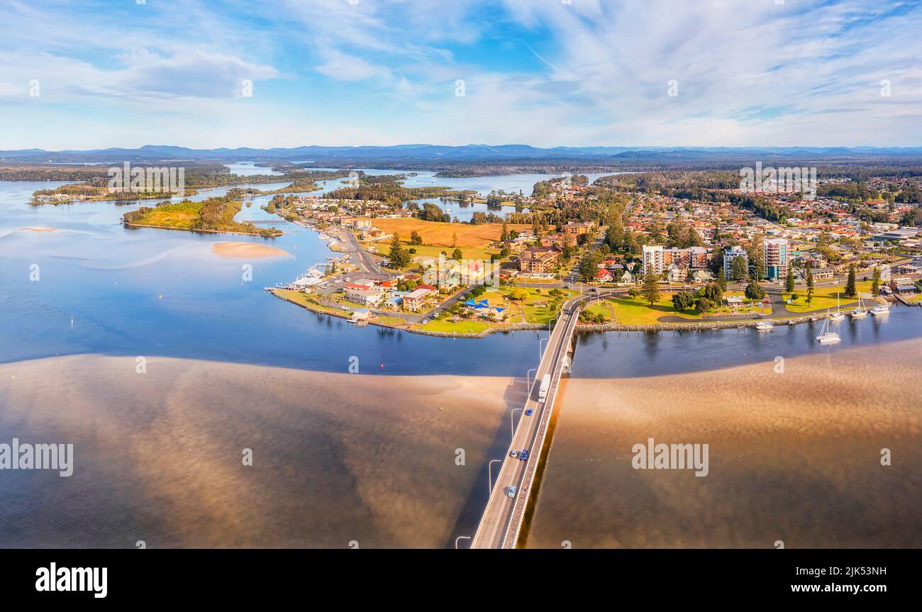 Wallis lake and Coolongolook river between Forster and Tuncurry towns on AUstralian pacific coast - aerial panorama. Stock Photo