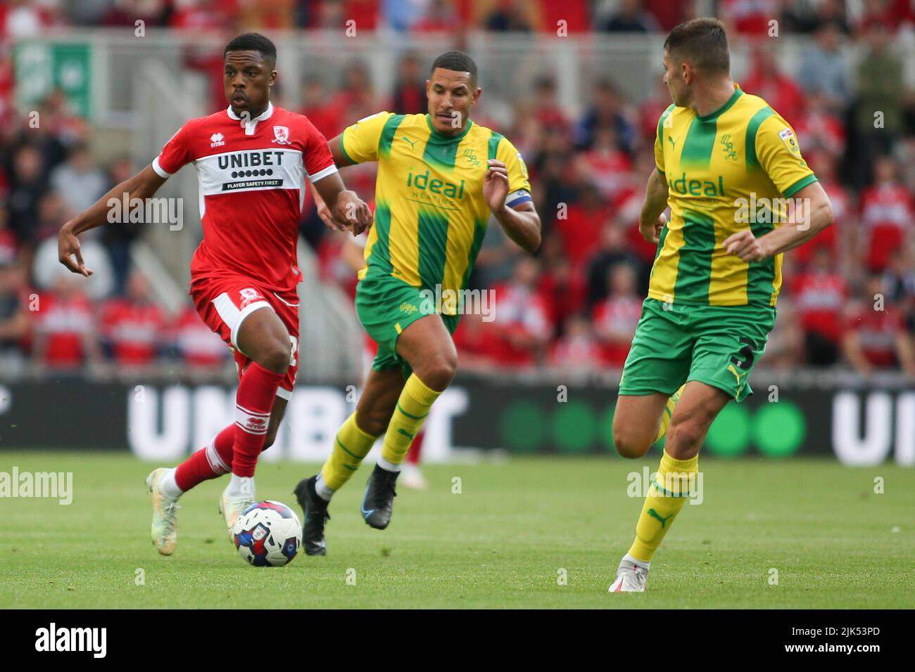 Middlesbrough, UK. 30th July 2022Middlesbrough's Chuba Akpom takes on West Brom defenders during the Sky Bet Championship match between Middlesbrough and West Bromwich Albion at the Riverside Stadium, Middlesbrough on Saturday 30th July 2022. (Credit: Michael Driver | MI News) Credit: MI News & Sport /Alamy Live News Credit: MI News & Sport /Alamy Live News Stock Photo