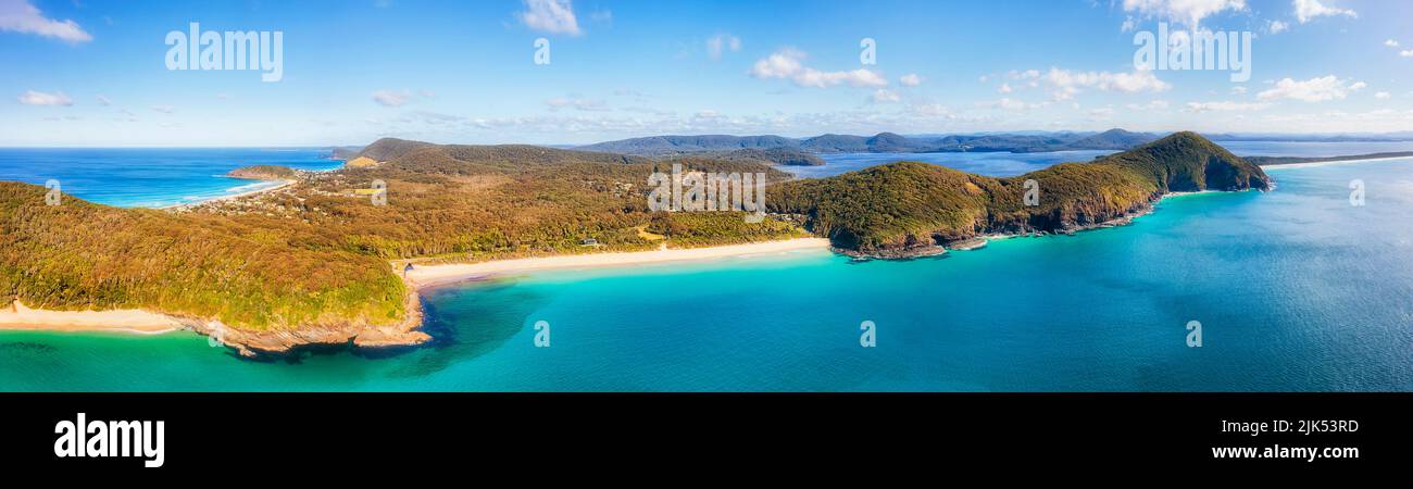 Booti Booti national park on the Lakes way of Pacific coast in Australia - wide aerial panorama. Stock Photo