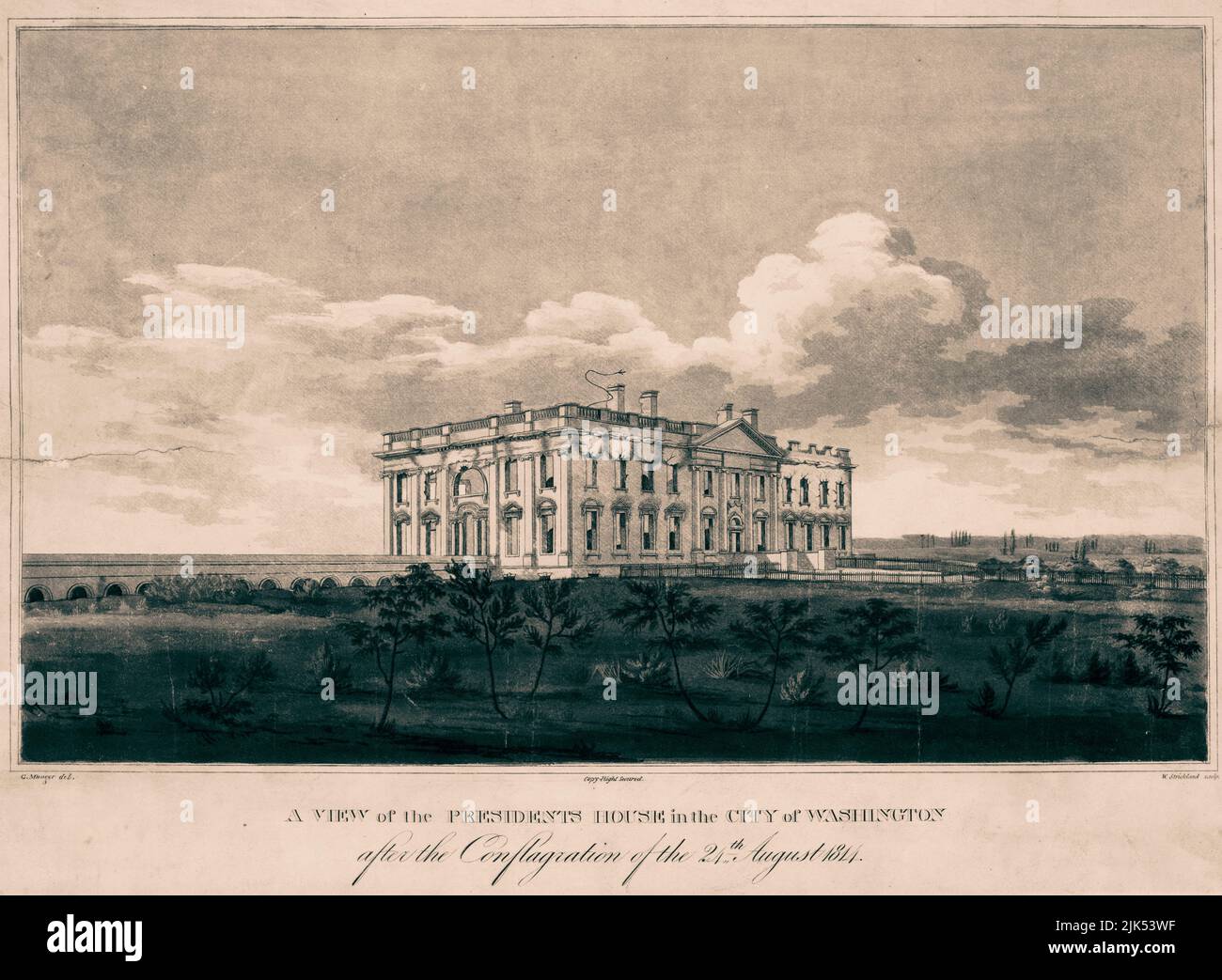 A view of the Presidents house- the White House - in the city of Washington after the conflagration of the 24th August 1814 . Print shows a view from northeast of the fire-damaged White House, a result of the War of 1812. On August 24, 1814, British general Robert Ross led his troops into Washington with strict orders to burn only public buildings. On August 25, a tornado blew through the city, bringing torrential rains that quelled both fires and British desire to pursue further action in Washington. George Munger drawing. Stock Photo