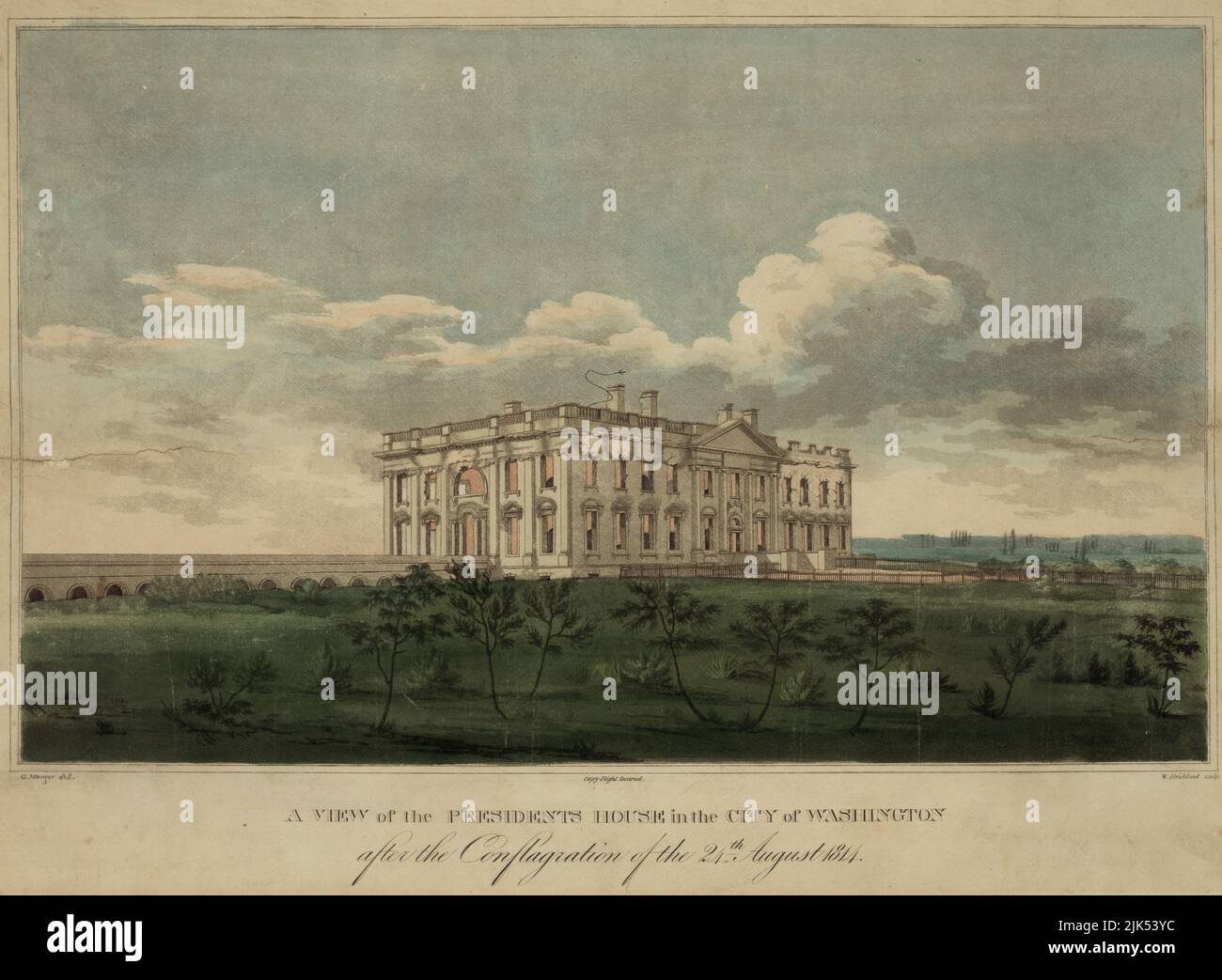 A view of the Presidents house- the White House - in the city of Washington after the conflagration of the 24th August 1814 . Print shows a view from northeast of the fire-damaged White House, a result of the War of 1812. On August 24, 1814, British general Robert Ross led his troops into Washington with strict orders to burn only public buildings. On August 25, a tornado blew through the city, bringing torrential rains that quelled both fires and British desire to pursue further action in Washington. George Munger drawing. Stock Photo