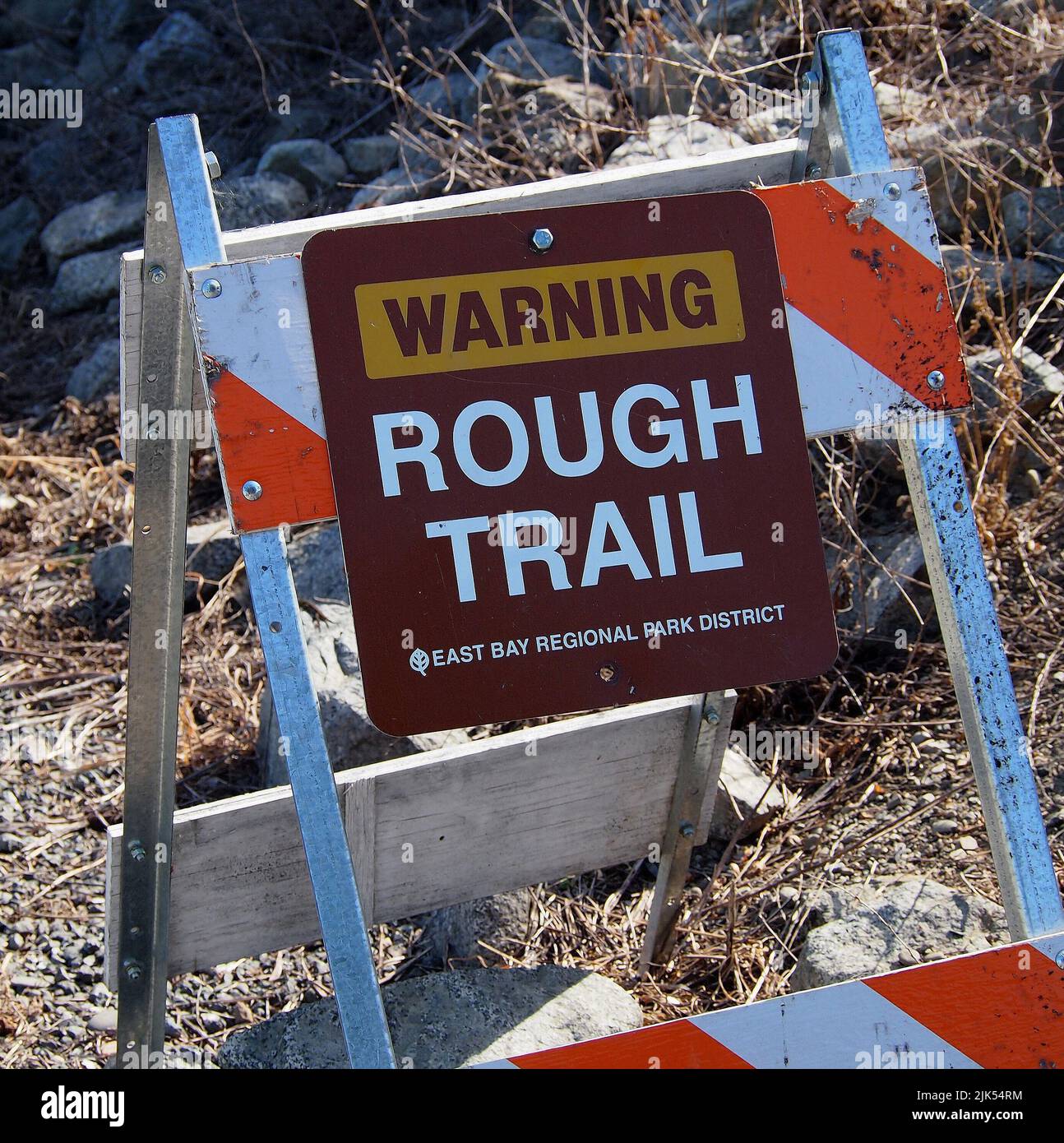 rough trail warning sign on Alameda Creek Regional Trail, California Stock Photo