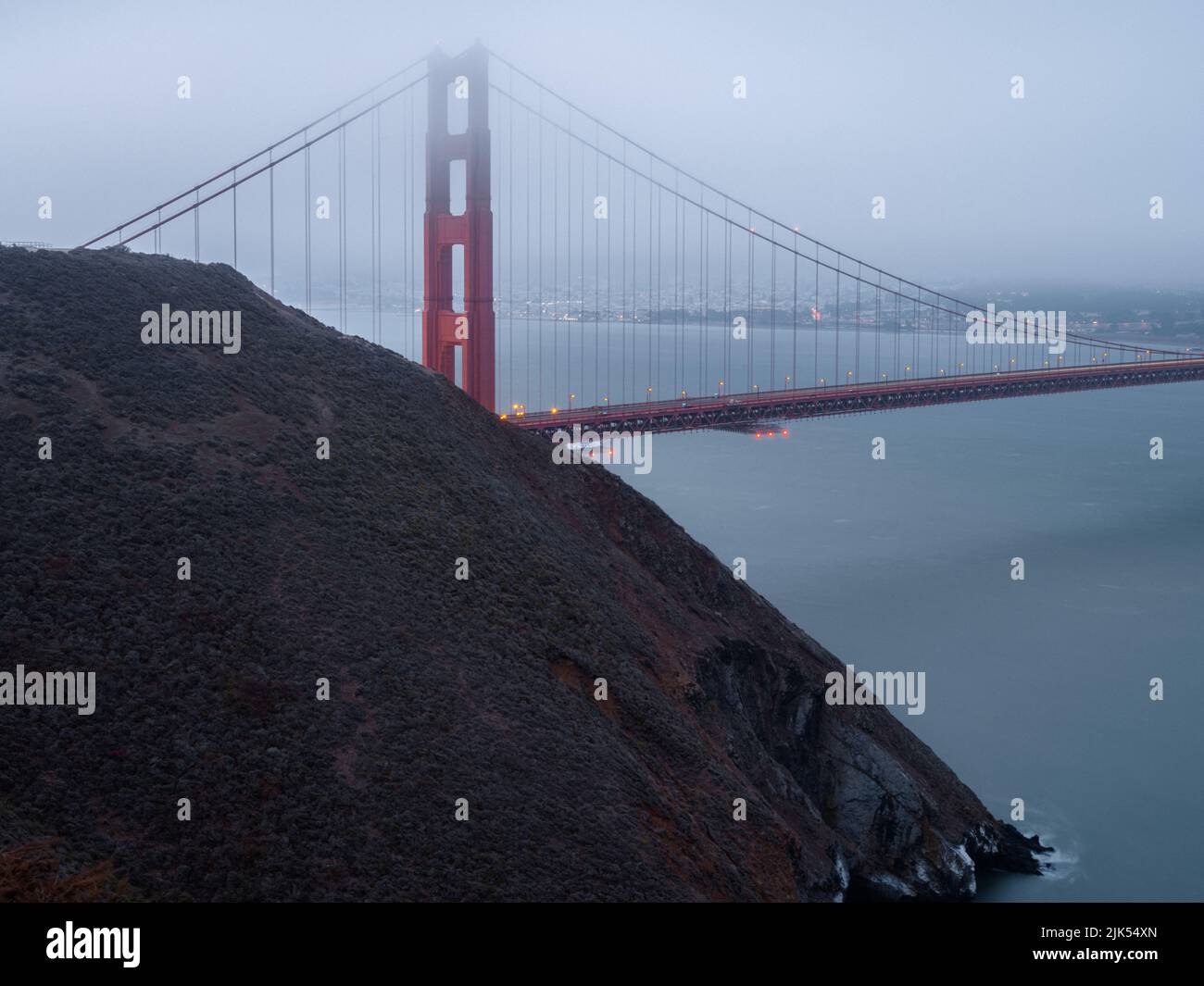 Poor visibility towards Golden Gate Bridge on a foggy July afternoon. Stock Photo