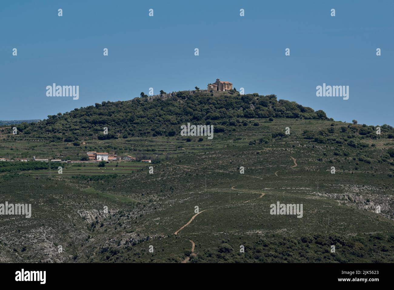 panoramic view of the lands of Culla and the hermitage of San Cristobal de Benasal in the background. Most beautiful town in Spain, Castellon Stock Photo