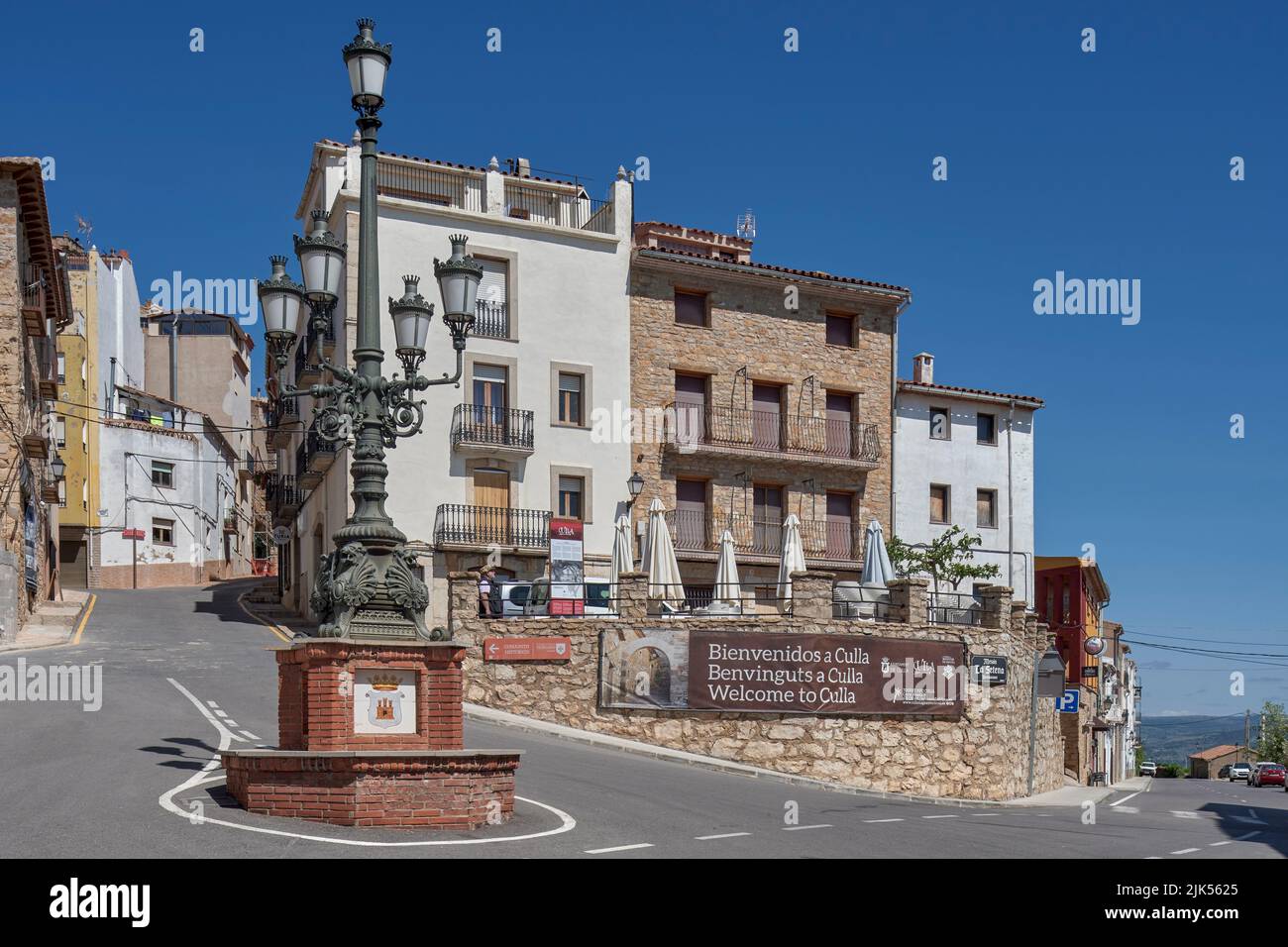 roundabout with a beautiful lamppost welcoming Culla. Most beautiful town in Spain, Castellon, Valencia Community Stock Photo