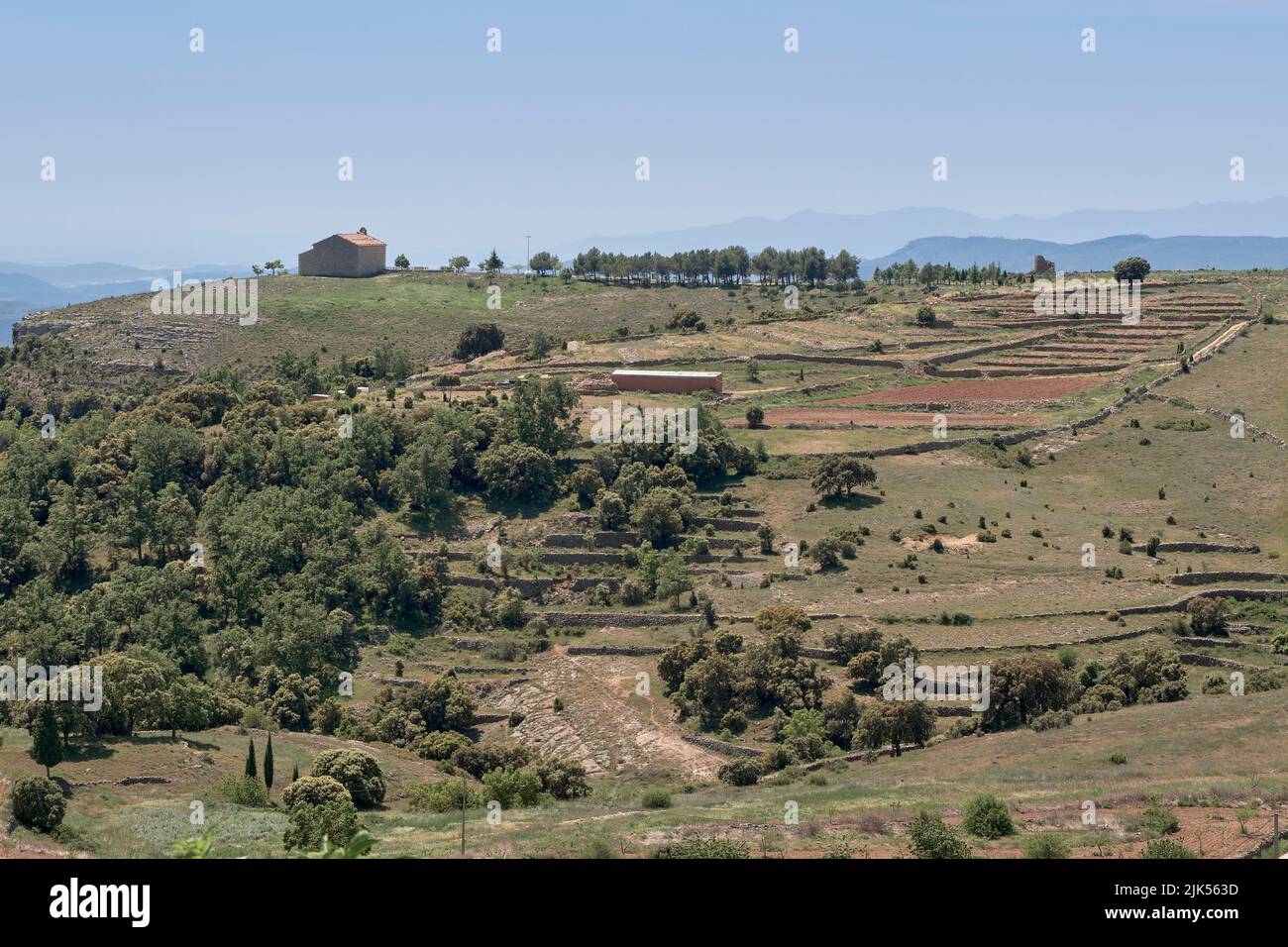 Panoramic view of the land with trees and cultivated land of Culla. Declared the most beautiful town in Spain, Castellón, Valencian Community. Stock Photo