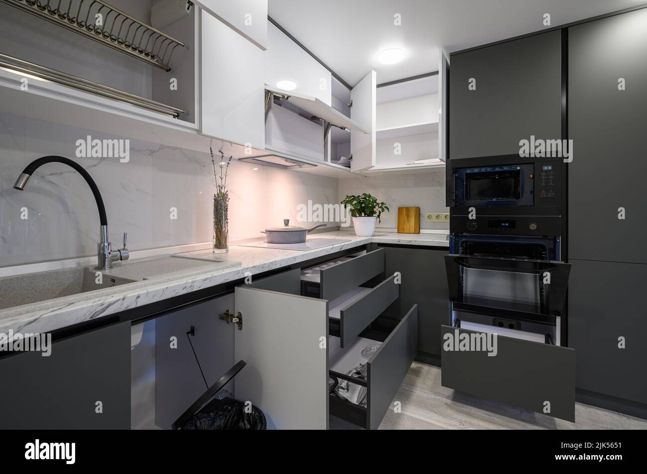 Modern simple trendy dark grey and white kitchen Stock Photo Alamy