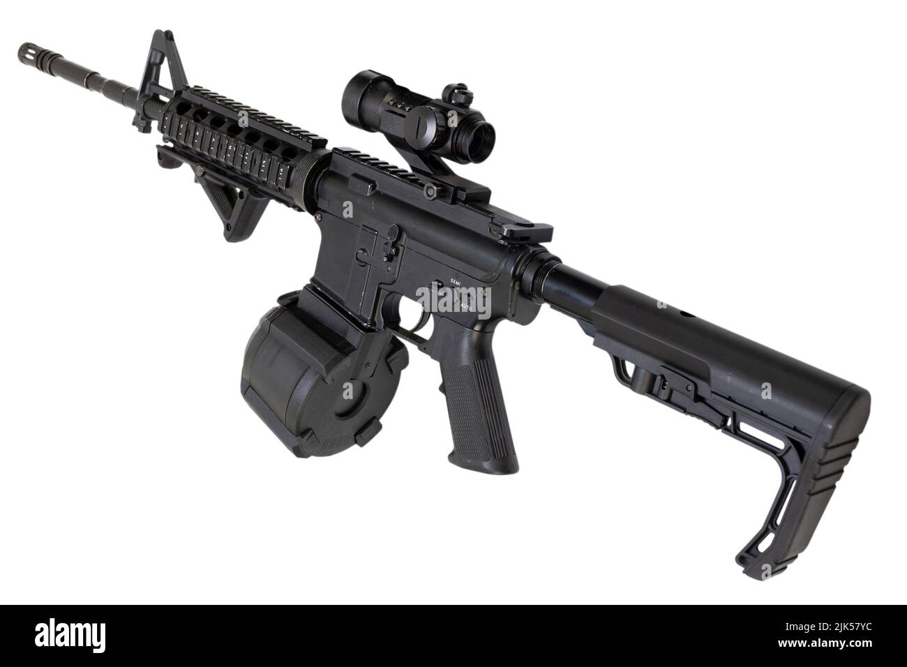 M4 assault rifle with optic scope and drum magazine isolated on a white background Stock Photo
