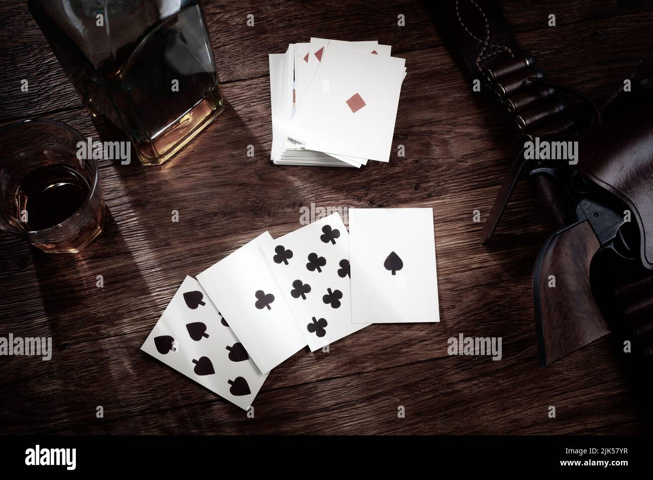 Old west poker. Dead man's hand. Two-pair poker hand consisting of the black aces and black eights, held by Old West gunfighter Wild Bill Hickok when Stock Photo