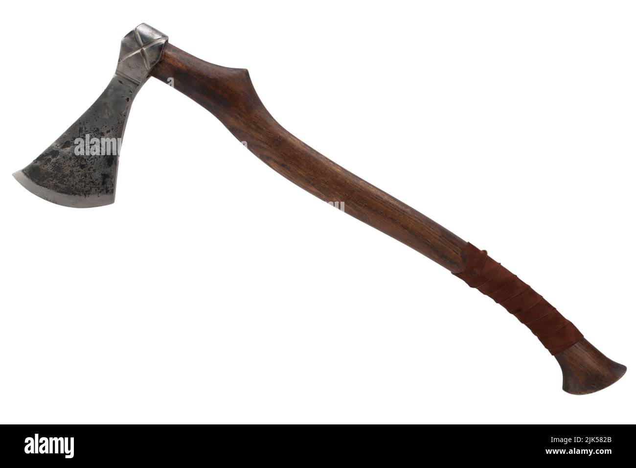antique battle axe with wooden handle on white background Stock Photo
